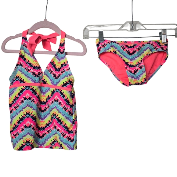Justice Chevron Colorful Halter Tankini Top & Bottoms 2 Piece Set Swimwear 7 - Picture 1 of 6